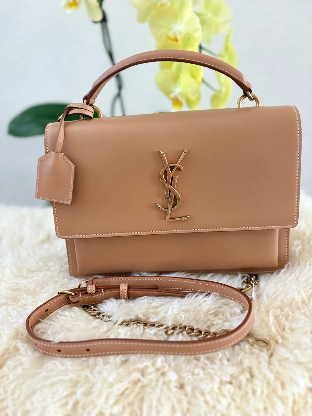Saint Laurent Smooth Calfskin Medium Monogram Sunset Satchel Natural Tan
